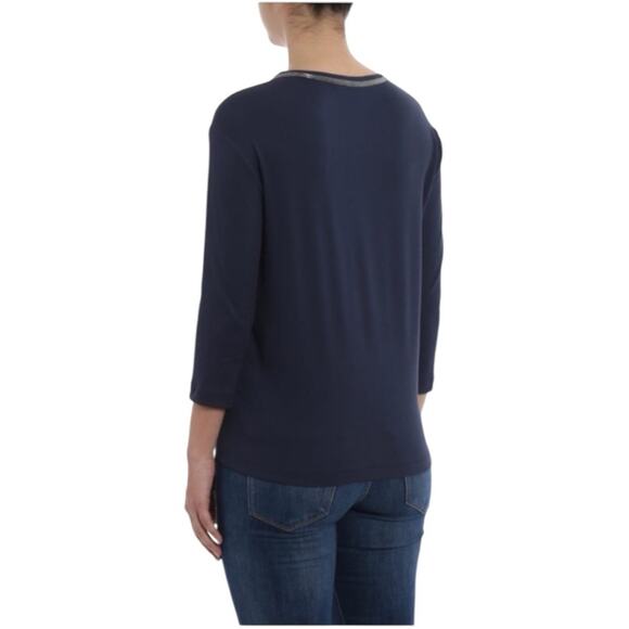 Fabiana Filippi Metallic Trim V-Neck Sweater Top in Navy Blue S - Picture 2 of 11